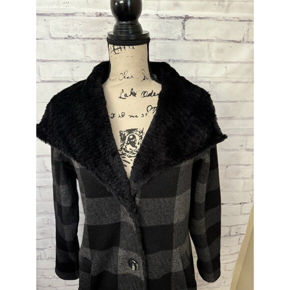 Steve Madden Size Med Lake Ode‎ Faux Fur Buffalo Plaid Check Gray Black Coat - Picture 4 of 14